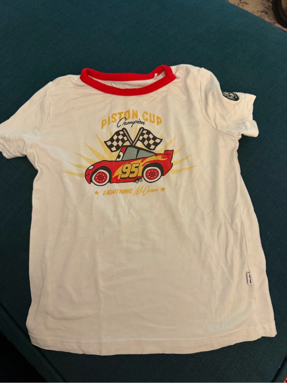 Little Sleepies White Tee with Red Trim & Lightning Car Graphic